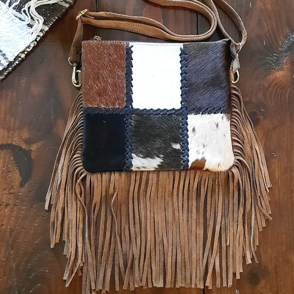 Genuine Suede Leather Fringe and Patchwork Cow Hair on Hide Crossbody Purse